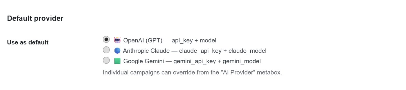 AI Content Generator settings — Default provider selector with OpenAI, Claude and Gemini options