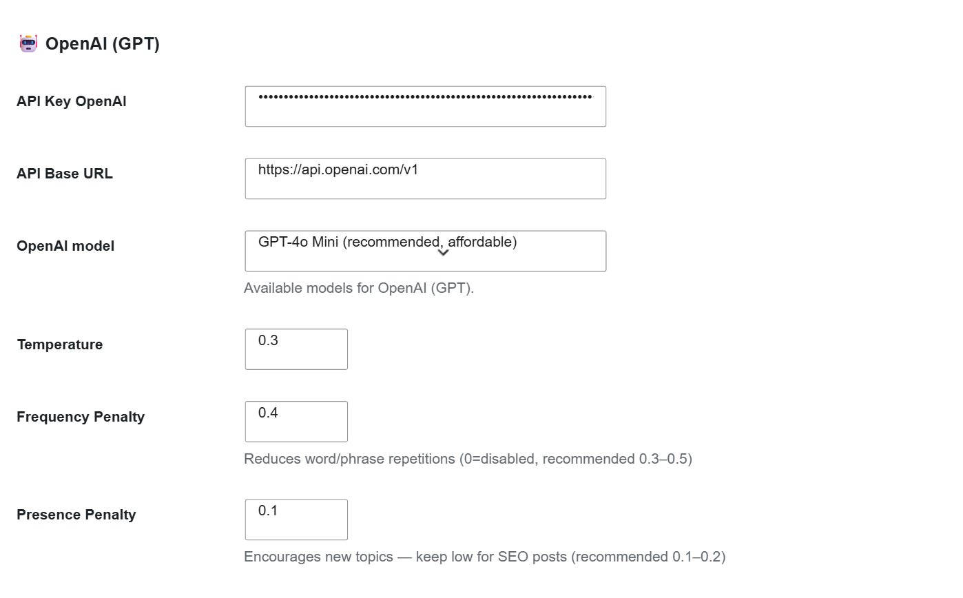 AI Content Generator settings — OpenAI provider panel with API key, model and temperature fields
