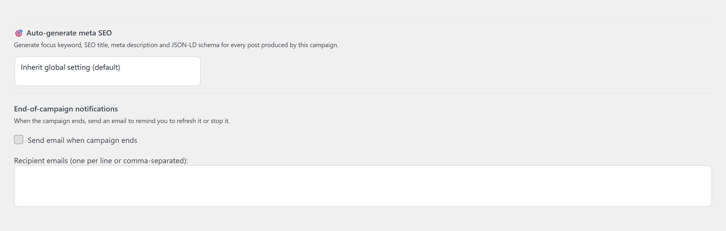 AI Content Generator campaign editor showing the Auto-generate meta SEO panel with mode set to Generate and write to Yoast Rank Math, plus the Yoast SEO preview block with focus keyphrase, SEO title and meta description fields