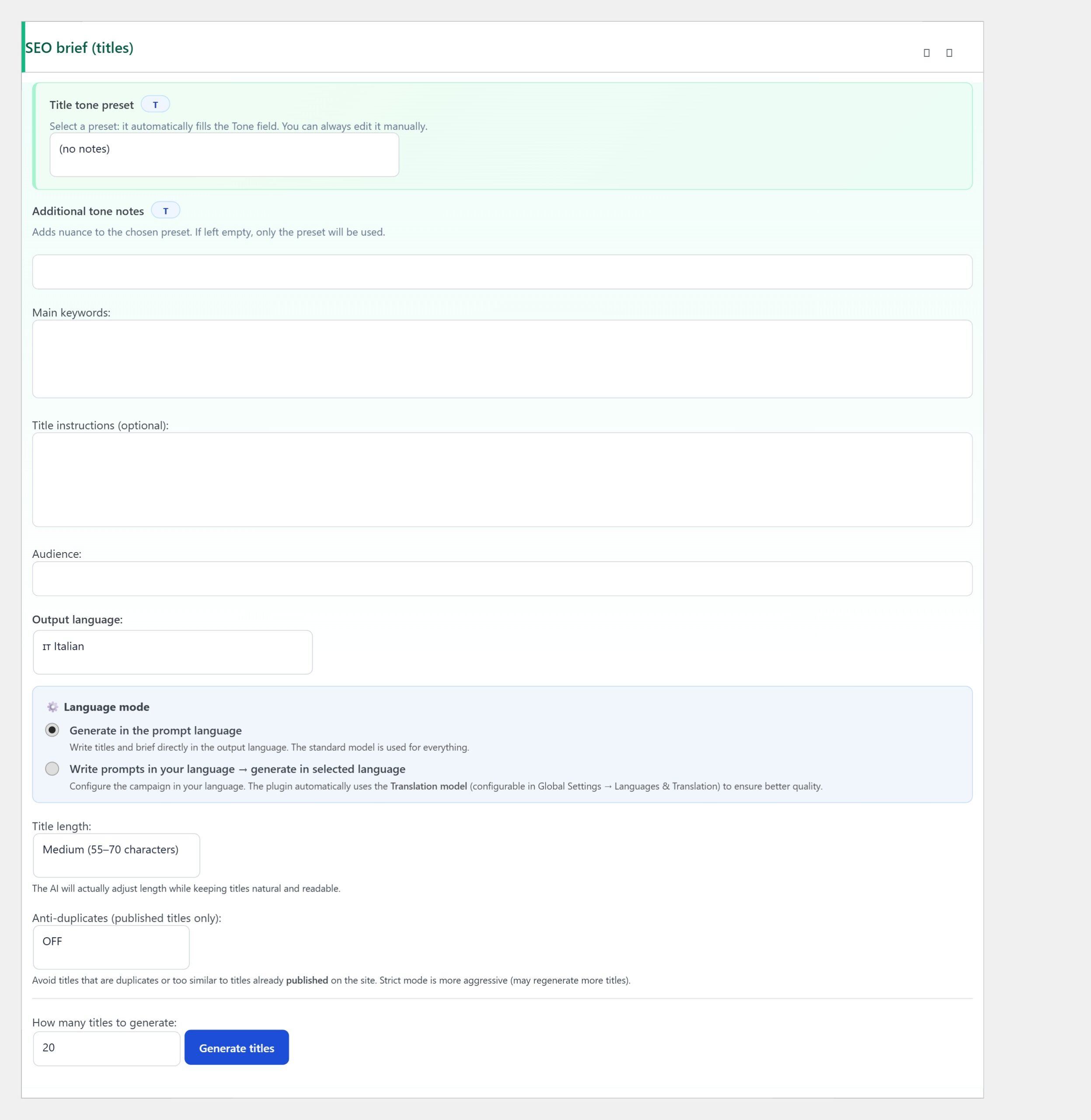 AI Content Generator SEO brief titles metabox with Output language field, Language mode radio group and Translation model dropdown