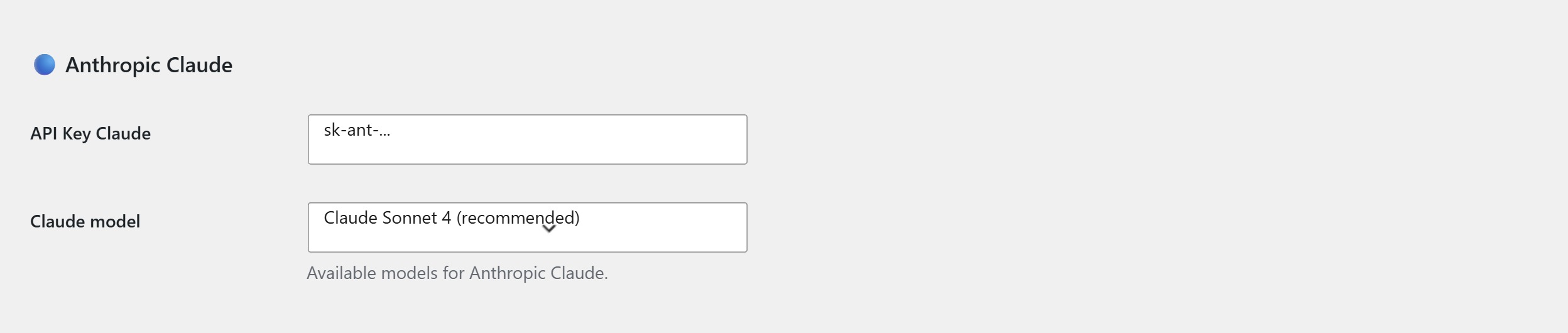 AI Content Generator Settings — Anthropic Claude panel with API Key Claude field, Claude model selector and Default provider section