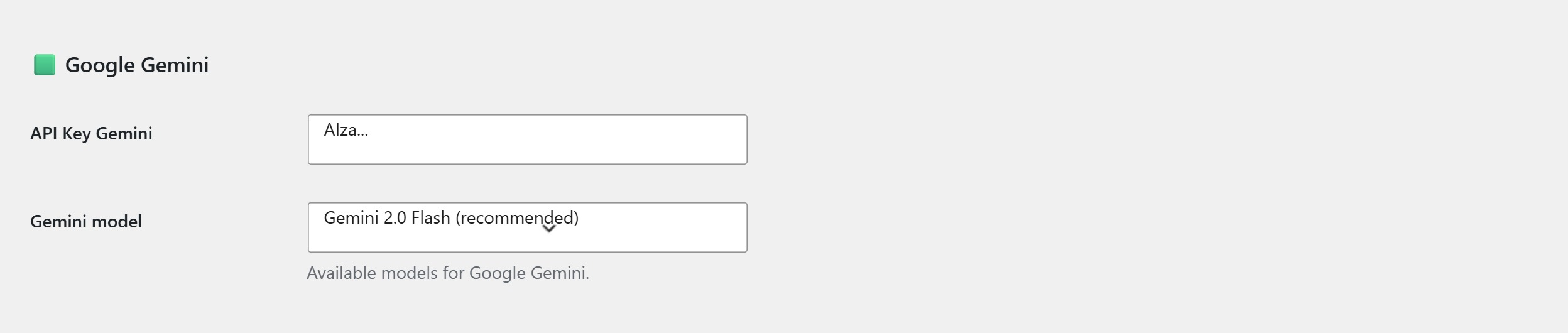AI Content Generator Settings — Google Gemini panel with API Key Gemini field, Gemini model selector and Default provider section