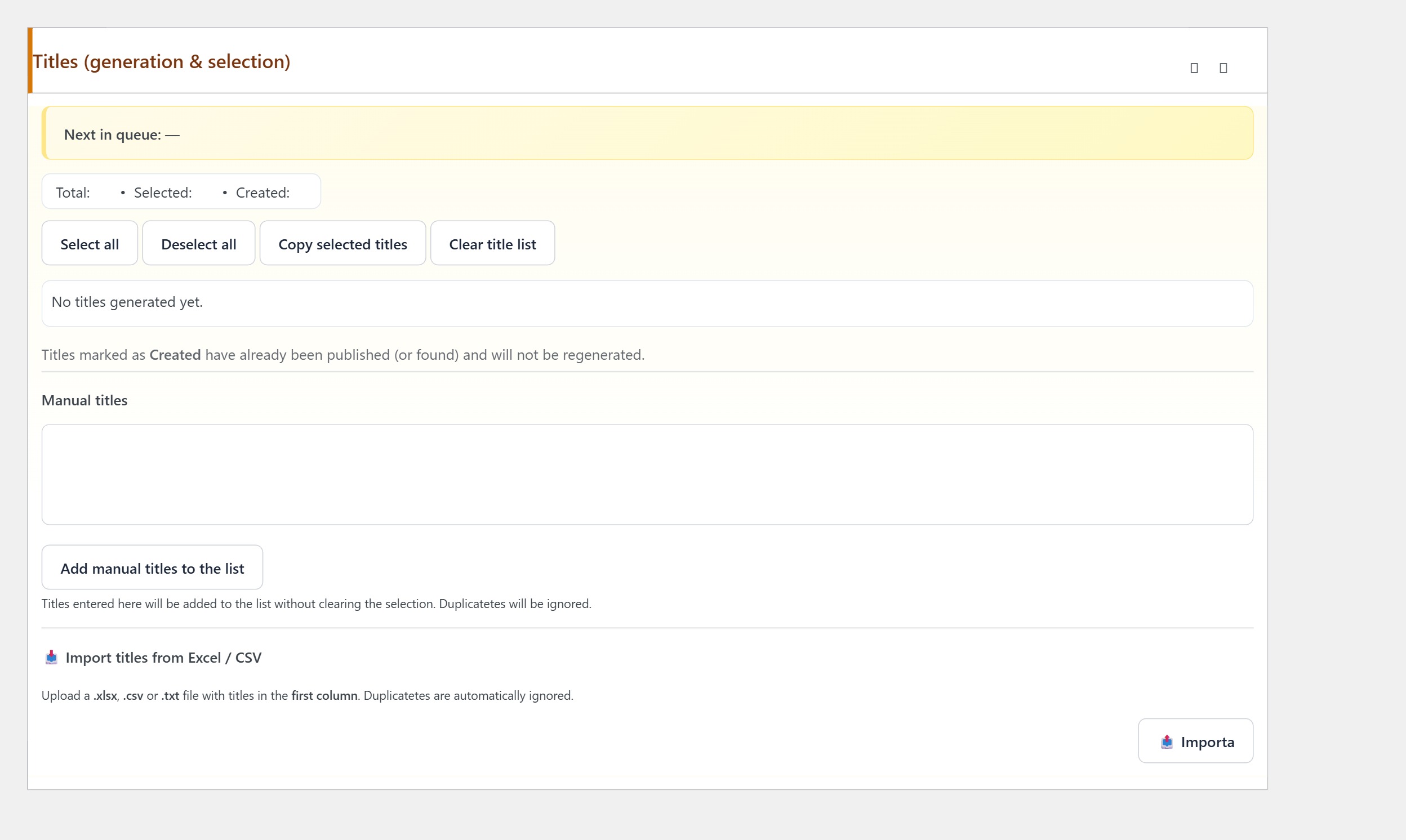 AI Content Generator Titles generation and selection panel showing Manual titles textarea, Add manual titles to the list button, total selected created counters, generation controls