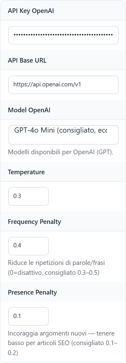 AI Content Generator Settings page showing API key fields for OpenAI, Claude and Google Gemini