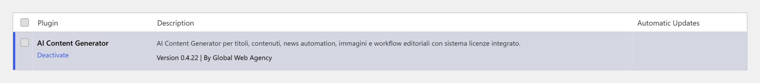 Real screenshot of WordPress Plugins page with AI Content Generator plugin activated and version number visible