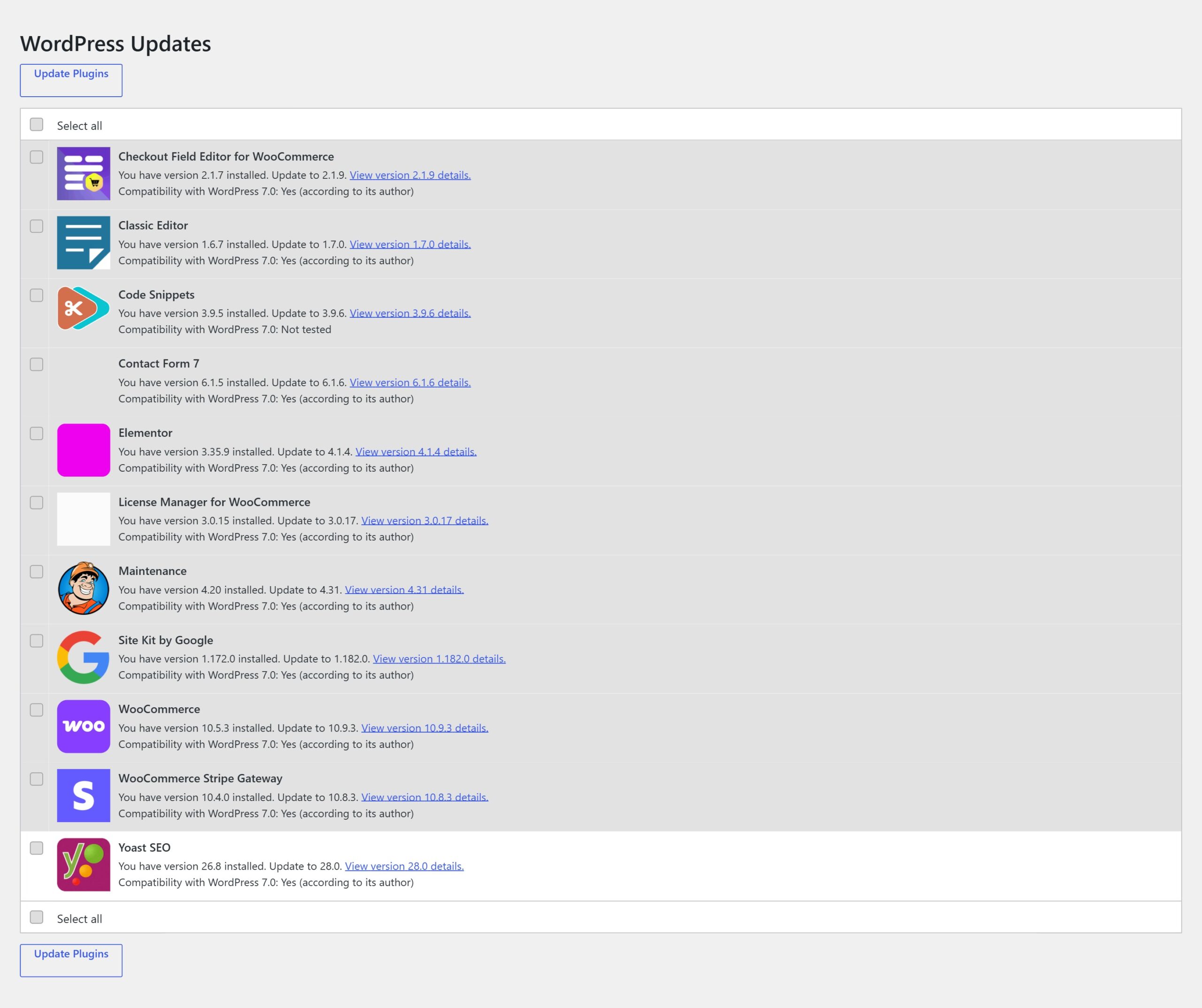 Real screenshot of WordPress Updates page with plugin updates section listing AI Content Generator